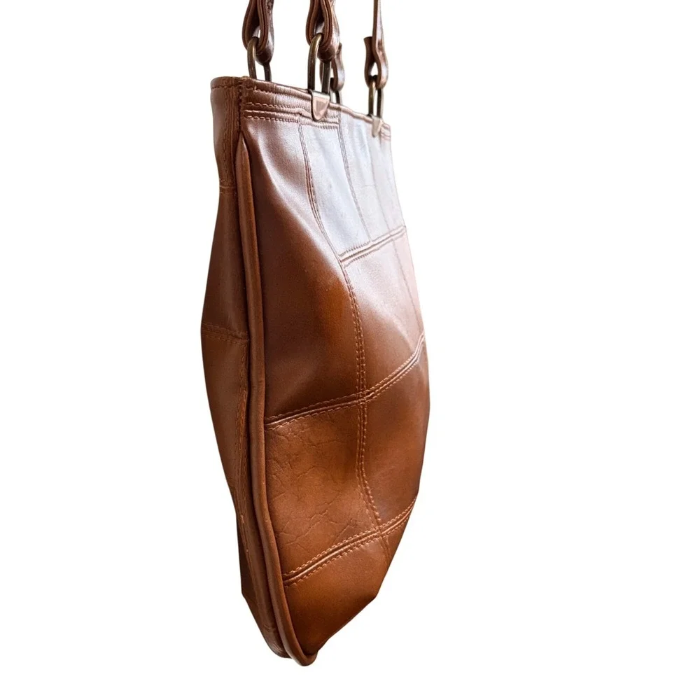 Vintage Patchwork Vegan Leather‎ Tote Purse Bag Tan Retro Minimalist Boho
